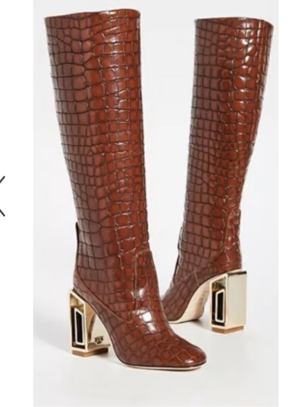 Tory Burch Croc-Embossed Chestnut Mid-Calf Boots with Geometric Metallic Heel